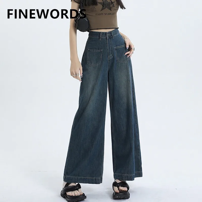 

FINEWORDS Vintage Blue Wide Leg Jeans Women Streetwear Korean High Waist Jeans Punk Harajuku Loose Casual Retro Denim Pants