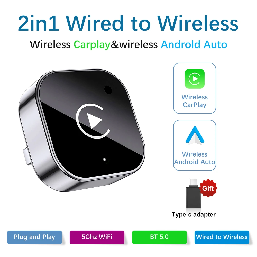 Vcarlinkplay 2in1 draadloze CarPlay Android Auto-adapter USB-dongle Plug-and-play CarPlay voor auto's Toyota Nissan Honda Ford Auto-accessoires Cadeaus voor mannen/vrouwen Bedraad naar draadloos Smart