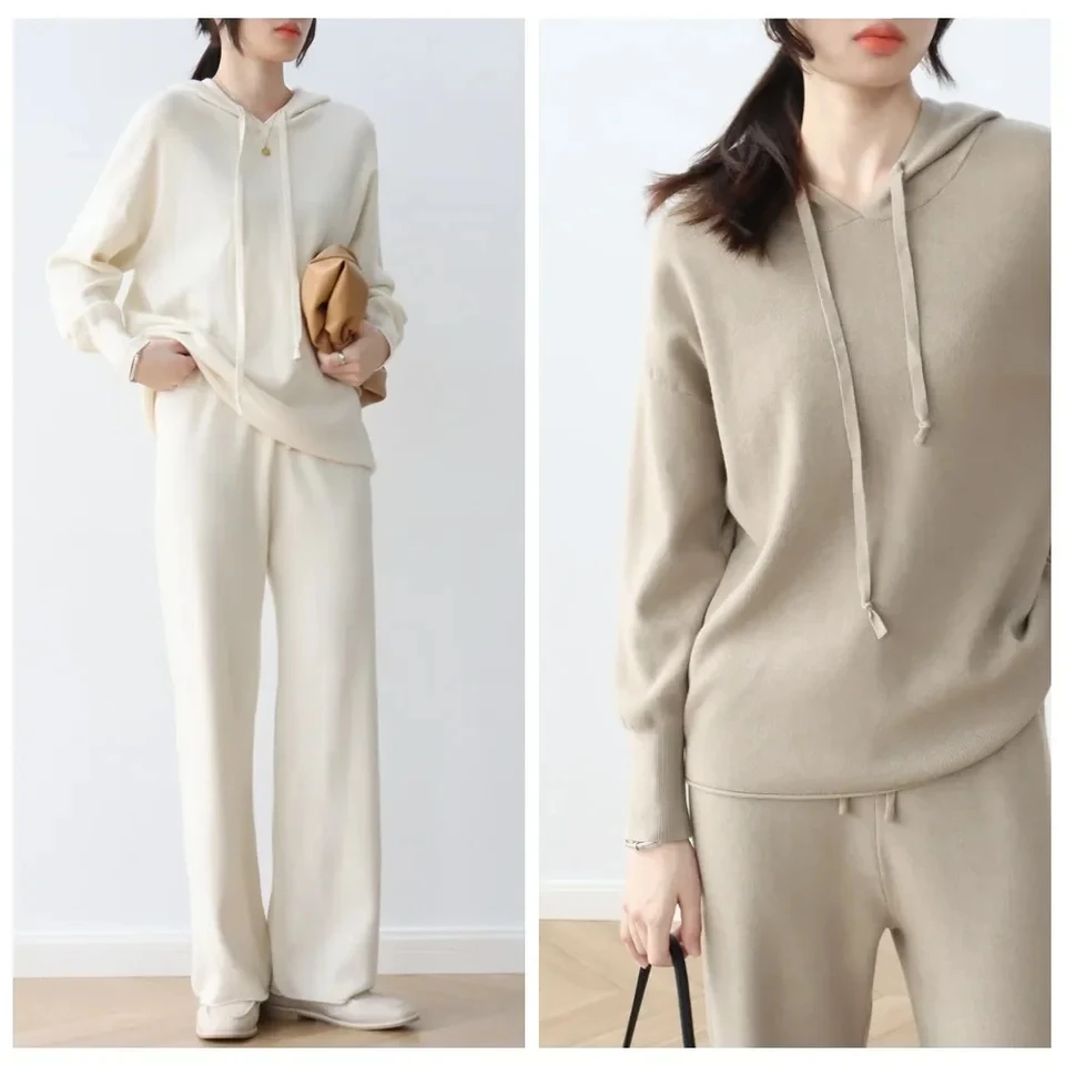

2025 Knitted Pants, Wide Leg Trousers, 2-Piece Set Women's Long Sleeved Knitted Casual Suit, Hooded Solid Top, Loose Sweater,