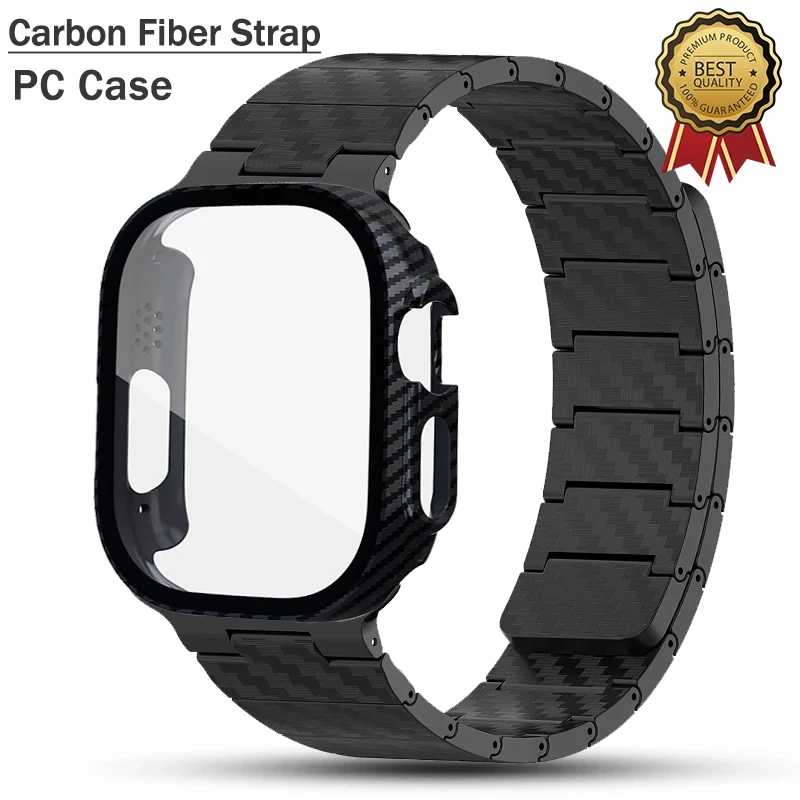 Carbon Fiber Strap+PC Case For Apple Watch Band Ultra 2 49mm 45mm 41mm 44mm 40 42mm Magnetic Bracelet iWatch 9 8 7 6 5 4 3 SE