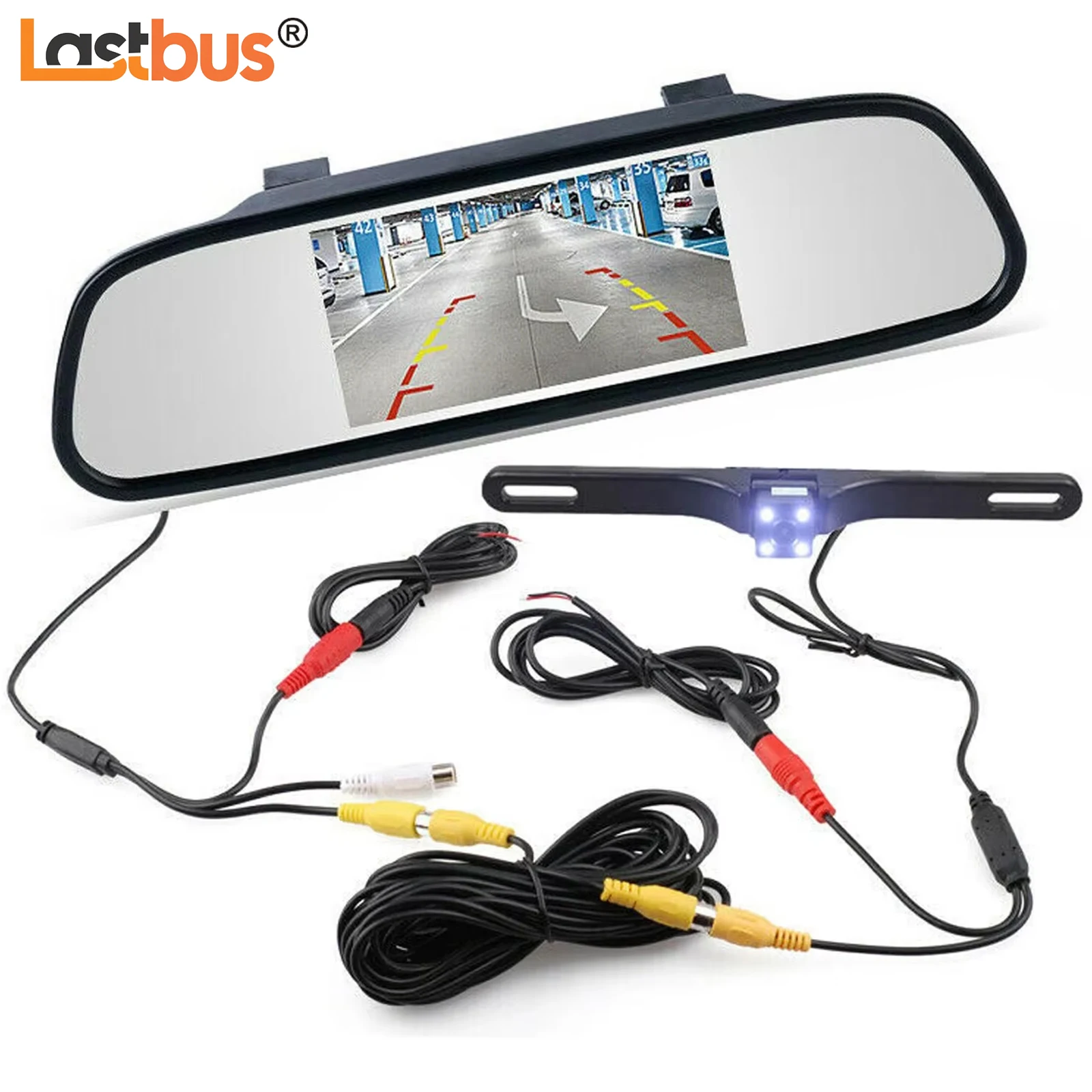 

Lastbus 4.3 Inch Car Rear View Mirror Monitor Clip On Original Mirror with License Plate 4 LEDs Backup Camera Universal Kit