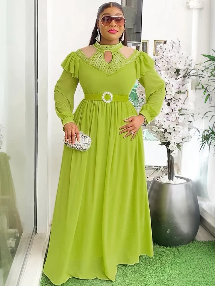 Long Sleeve Chiffon Dresses For Women Elegant Wedding Party Prom Evening Maxi Dress 2025 Autumn African Clothing Dubai Kaftans