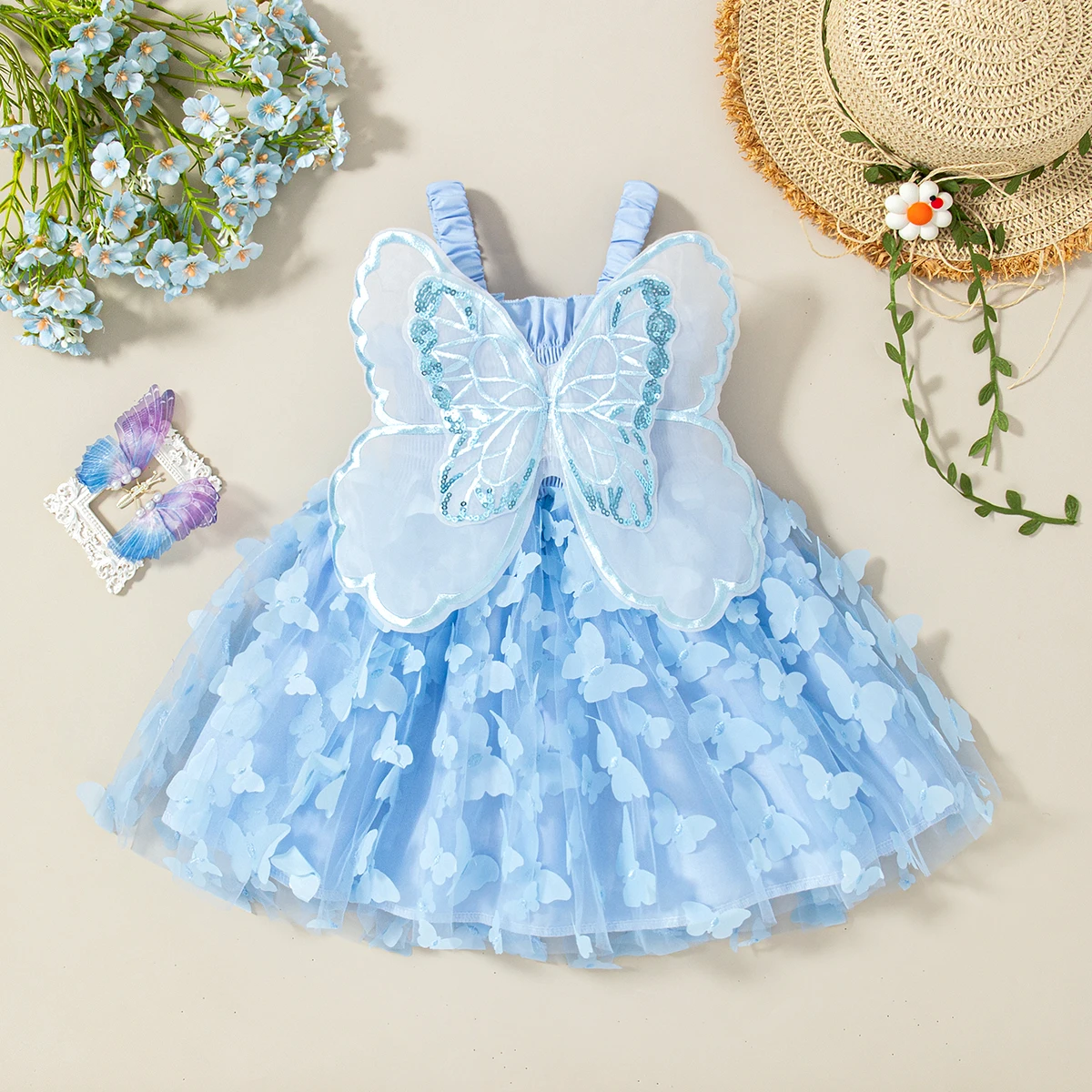 Summer New Butterfly Wing Baby Girl Dress, Princess Style Birthday Party Children\'S Clothing (9 Months -3 Years Old)