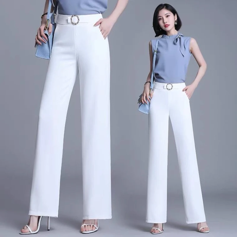 

Female Pleated Ice Silk Wide Leg Pants Summer Thin Casual Drawstring High Waisted Loose Straight Pant Ladies Fashion Pant G392