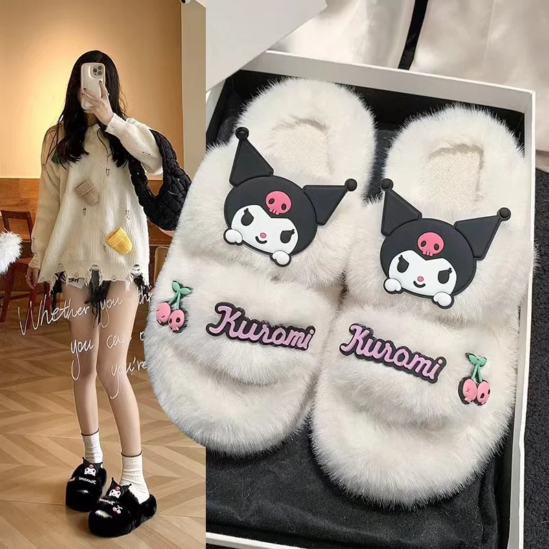 Sanrio Kuromi Plush Shoes Women Outdoor New Thick Sole Fuzzy Slippers Anti Slip Y2k Female Cartoon Korean Style Fashion Slippers