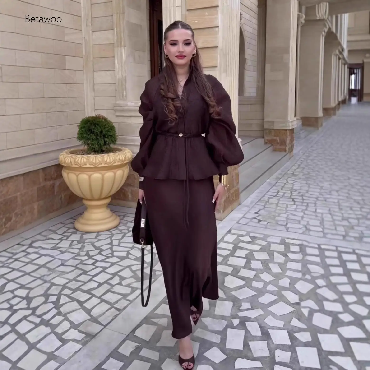 Women's Brown 2 Piece Set Long Sleeve Button Up Shirt and Wide Leg Pants Casual Matching Co-ord Outfit with Belt