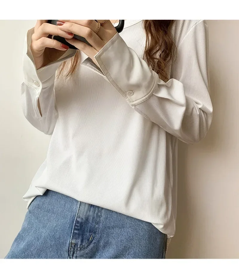 

Autumn New Long Sleeve T-Shirt Women Basic Tee Shirt Oversized Button Sweatshirts Korean Women Casual O-neck Women Tshirt