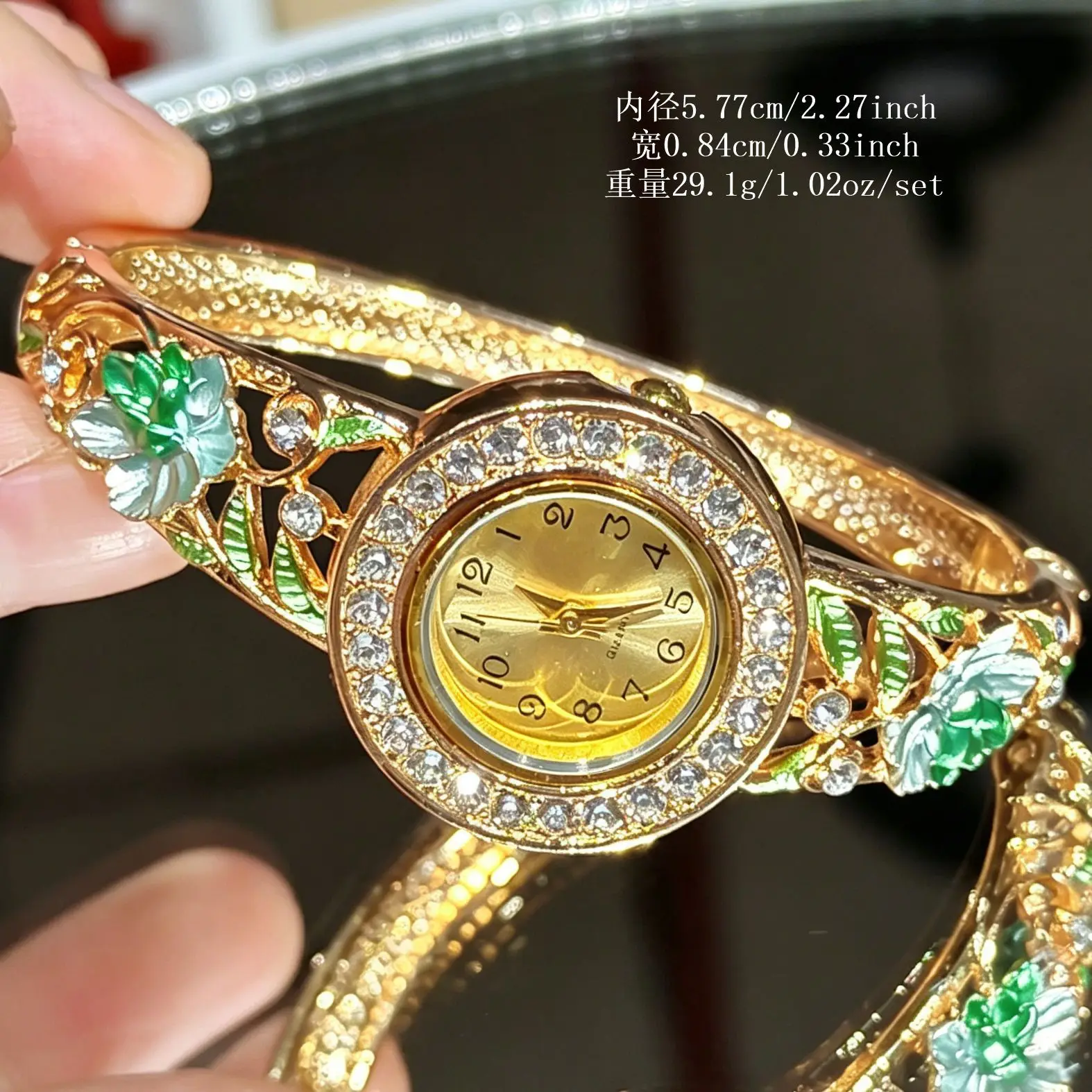 Vintage Gold Enamel Flower Wrist Watch for Women Hollow Rhinestone Bangle Quartz Watch Elegant Lady Daily Dress Jewelry Gift