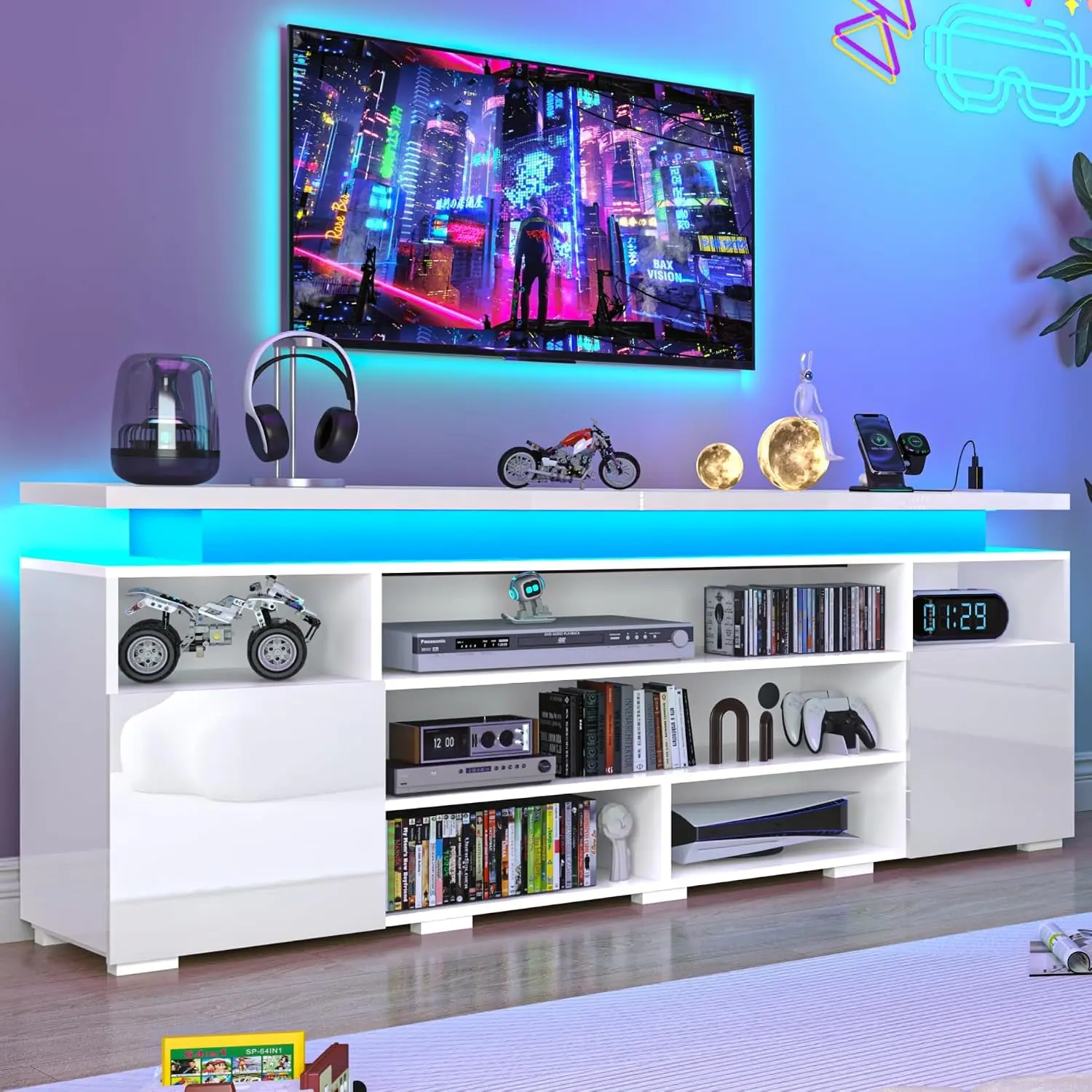 70" LED TV Stand for 85 Inch TVs, 26.5" Tall High Gloss Entertainment Center with Storage and Cabinets, Modern TV, Customized