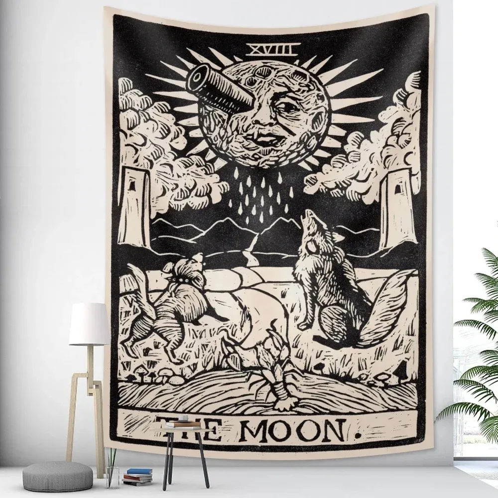 VIKAMA The Moon Tarot Tapestry Vintage Woodcut Wall Hanging Mystical Wolf Art for Bedroom Studio Occult Decor