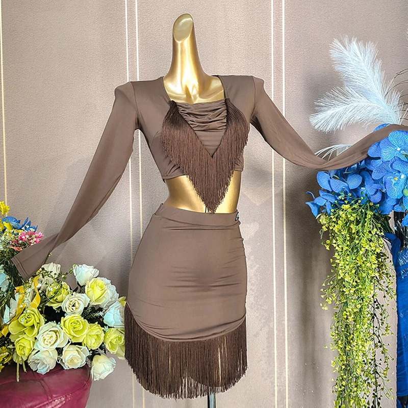 

Latin Dance Costume For Women Latin Dance Tops Long Sleeve Brown Tassel Skirt Samba Rumba Training Clothes Female Dancewear 2415