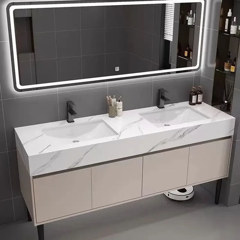 Floor to Ceiling Slate Double Sink Bathroom Vanity Integrated Public Washbasin Cabinet Combo for Toilet Area