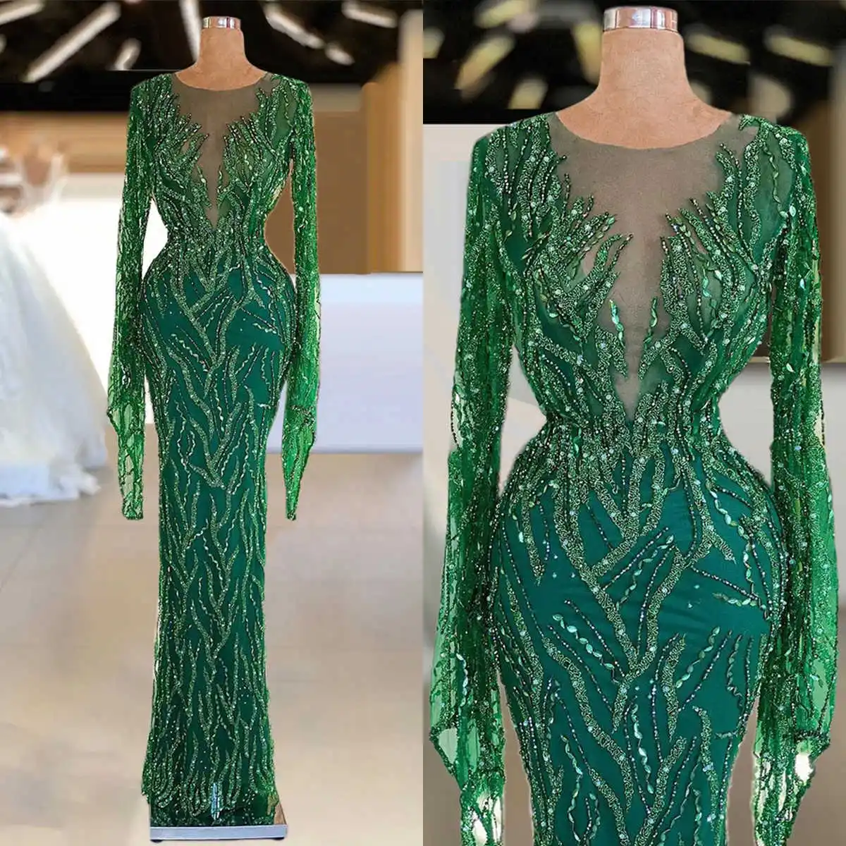 

Shiny Sequined Green Mermaid Evening Dresses Elegant Lace Jewel Neck Long Sleeves Pleated Women Formal Party Prom Gowns