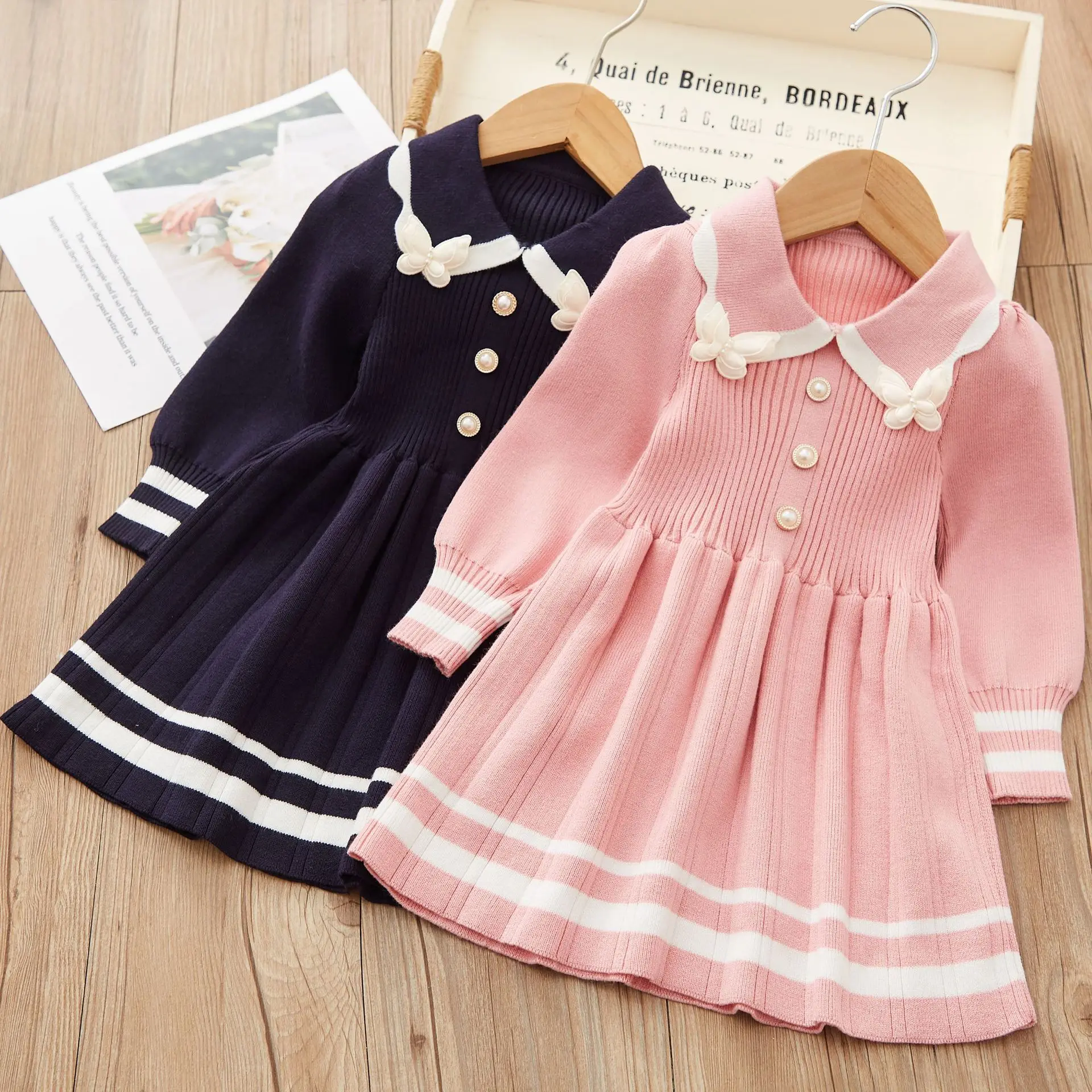 

Korean Autumn/Winter Knitted Cute Dress Girl Striped Butterfly Applique Pearl Button Warm Sweater Long Sleeve Knitted Skirt