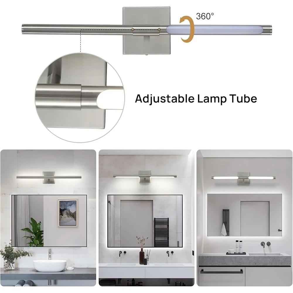 Modern LED Bathroom Vanity Light Dimmable 24 inch Sand Nickel Over Mirror Fixture Energy Saving 12W 4000K Rotatable Design
