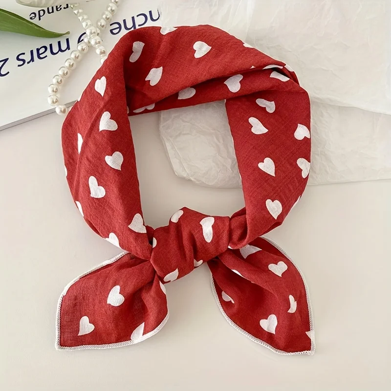 1pc Elegant Red Heart Print Scarf - Soft Cotton Blend, Perfect for Hair Accessories & Stylish Neckwear, Everyday Headband|Stylish Neckwear|Cotton Blend Scarf