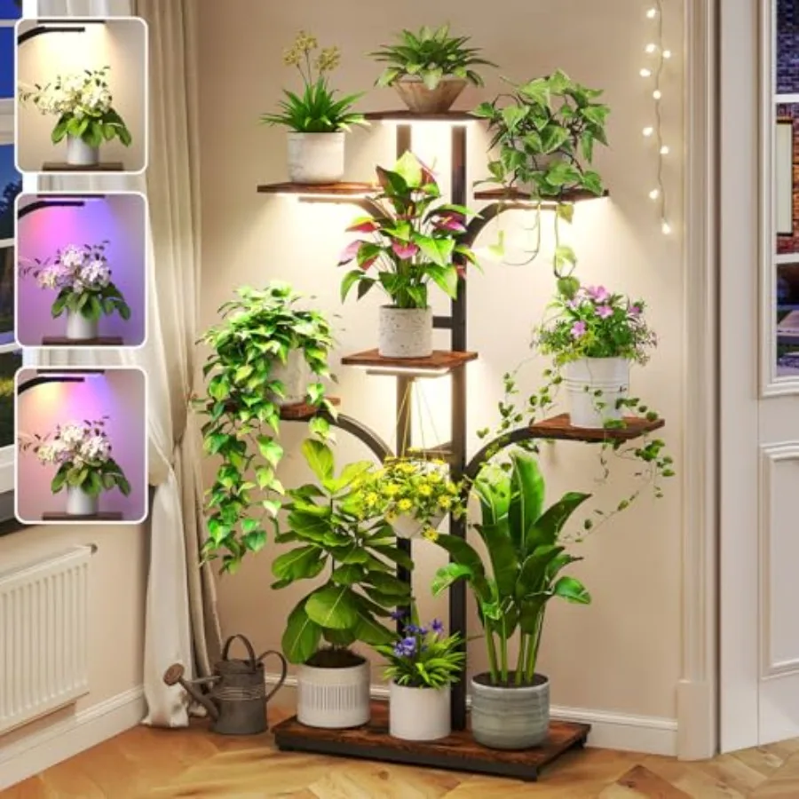 

Indoor plant stand with 4 grow lights 3 color modes 54 tall 7-tier corner shelf for indoor plants tree-shaped flower display ho