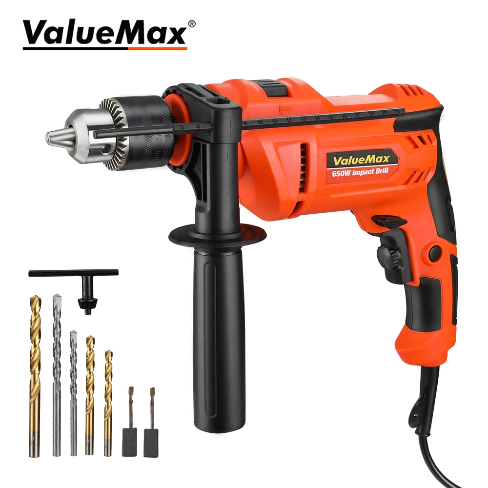 ValueMax Corded Electric Drill 2 Functions 650W Impact Hammer Drill Power Tool With Drill Bits for Household Repair