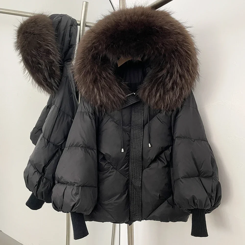 Real Fox Fur Raccoon Fur Collar Down Jacket Loose Women Winter Thick Hooded Duck Down Coat Fur Detachable Streetwear Outerwear
