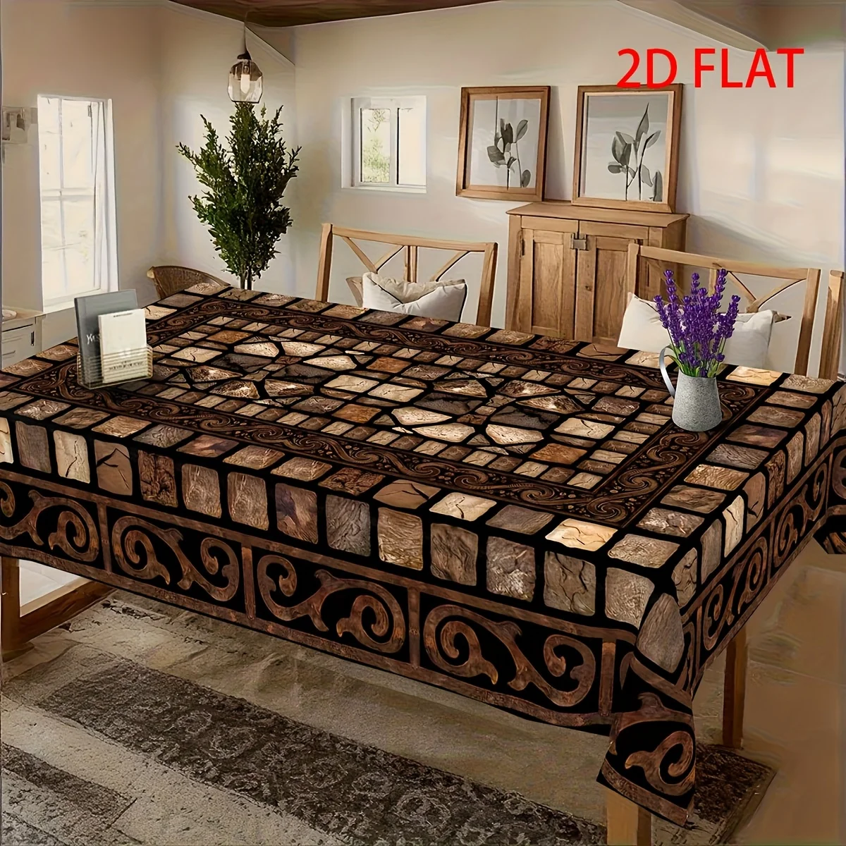 Retro stone-pattern mosaic tablecloth, featuring square and scroll-like designs inspired by real stones