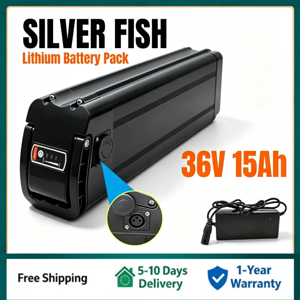 Batteria al litio per e-bike Silverfish 36V 15Ah 18650 con BMS integrato – compatibile con motori Bafang da 250W a 1000W, include caricabatterie da 2A