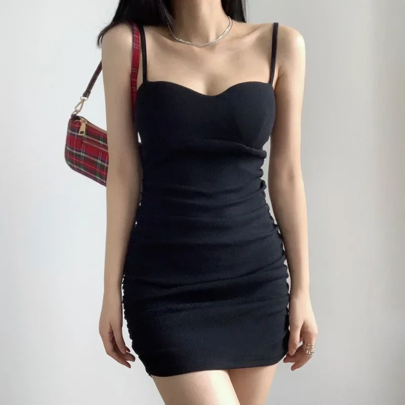 Mini Dresses Women Pleated Backless Temperament Sexy Elegant Wrap Hip Camis Summer Solid Off Shoulder European Style Trendy Slim