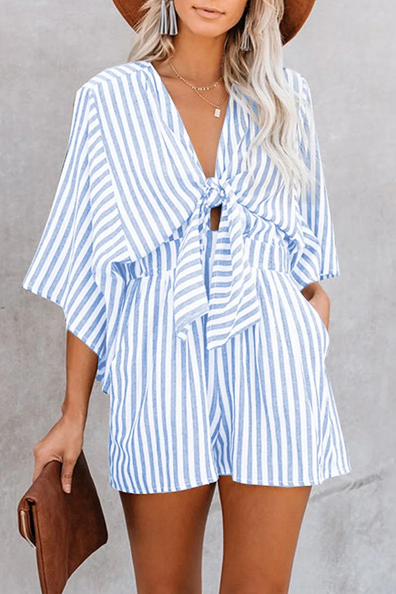 Womens Sexy Deep V-neck Romper Summer Loose Stripe Playsuit Ladies Fashion Holiday Pants Beach Lace Up Jumpsuit Ropa Mujer 2024