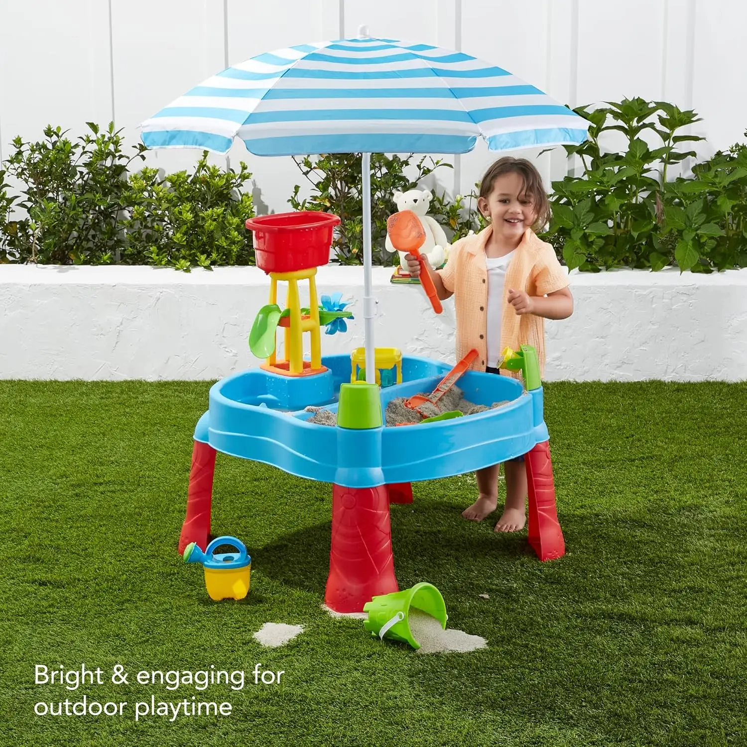 Kids Sand & Water Outdoor Activity Table, Childs 2-in-1 Play Set w/ 18 Accessories, Adjustable Umbrella, 120 Capacity