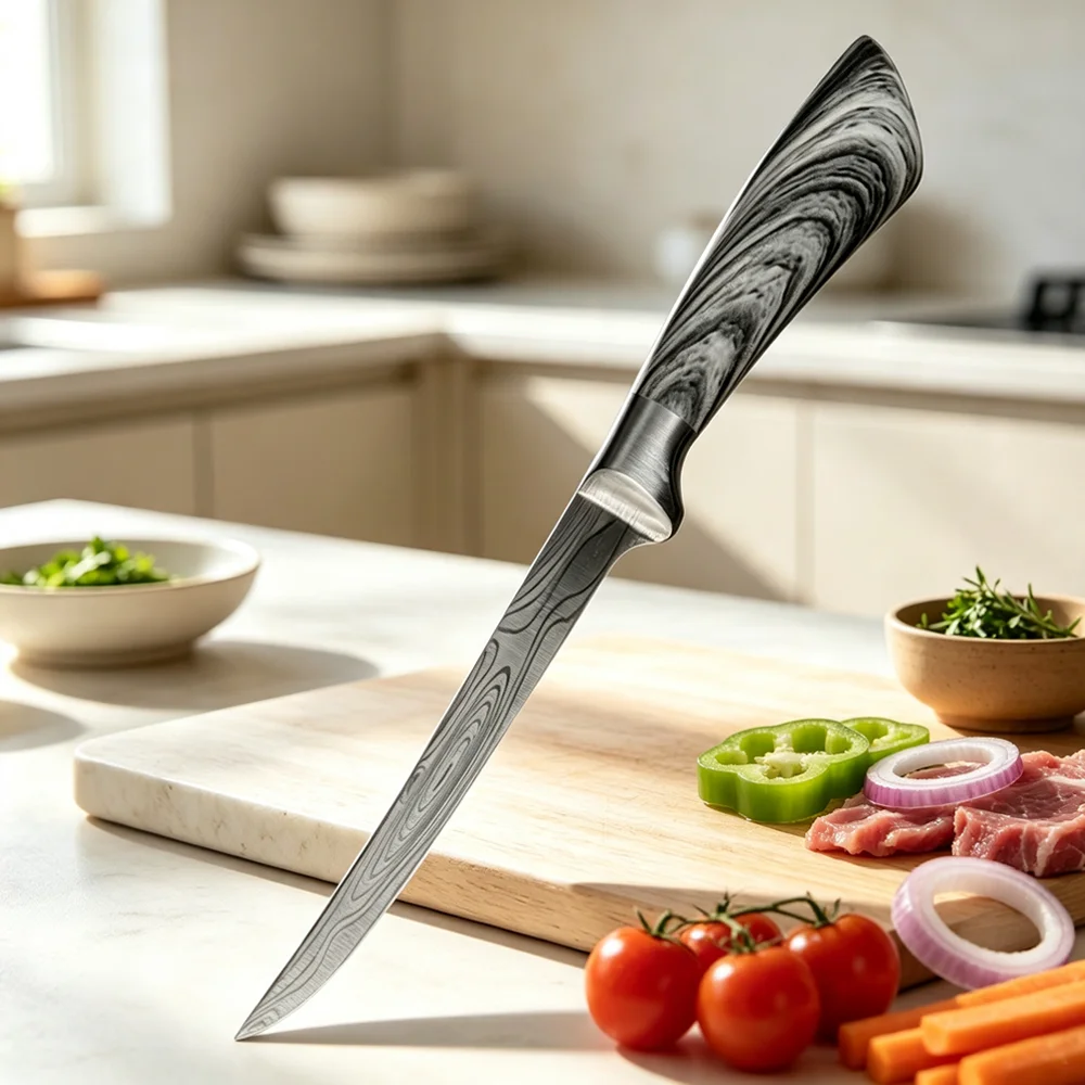 Edelstahl-Fischmesser 6 Zoll Filetiermesser Kochmesser mit Imitiertem Damastmuster Allzweck-Hackmesser Küchenwerkzeug