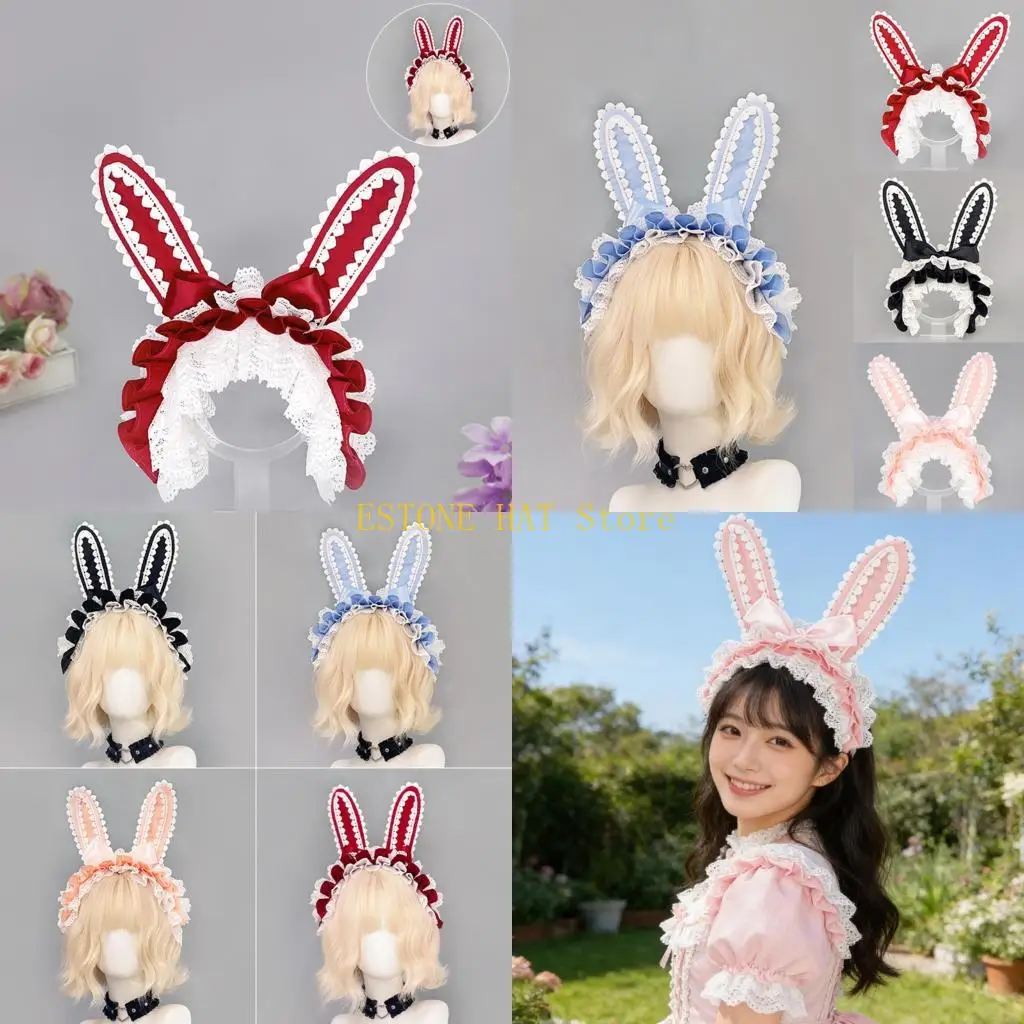 

49MF Anime Maid Hair Accessory Rabbit Ears Lace Hairband For Women Teens Cosplay Event