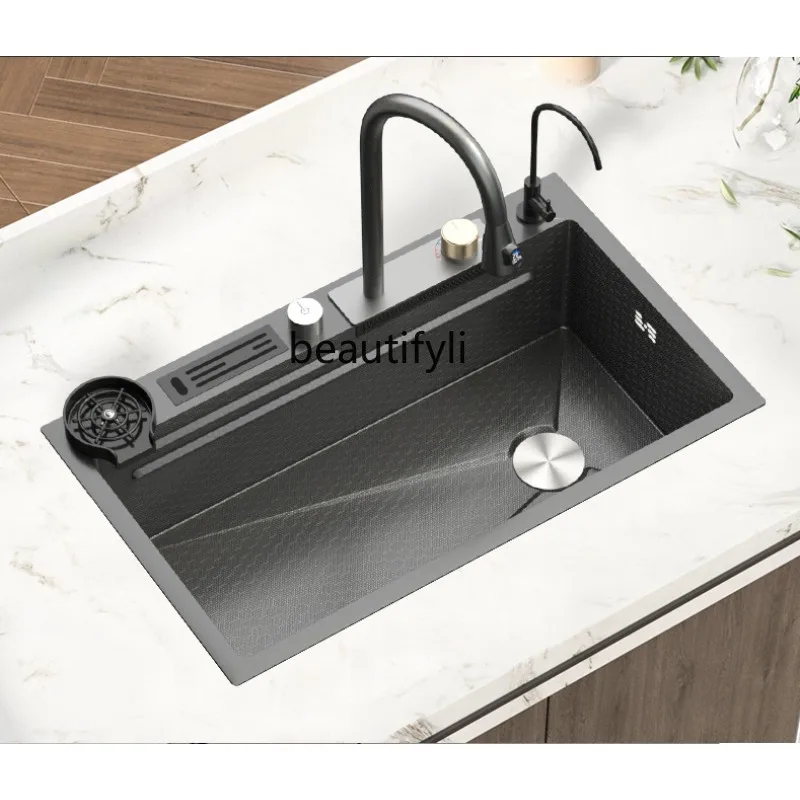 

Waterfall Large Single Sink Nano Stainless Steel Sink Kitchen Household Embossed Sink Honeycomb Washing Basin