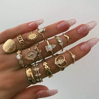 15 Retro Lady Jewelry Retro Gold-color Coins Cross Love Ring Europe And America Portrait Water Drill Ring Set Woman