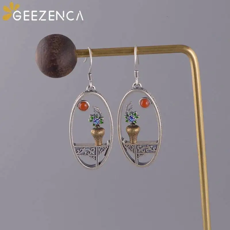 925 Sterling Silver Handmade Enameling Flower Vase Drop Earrings Unique Ethnic Vintage Earring Unusual Personality Fine Jewelry