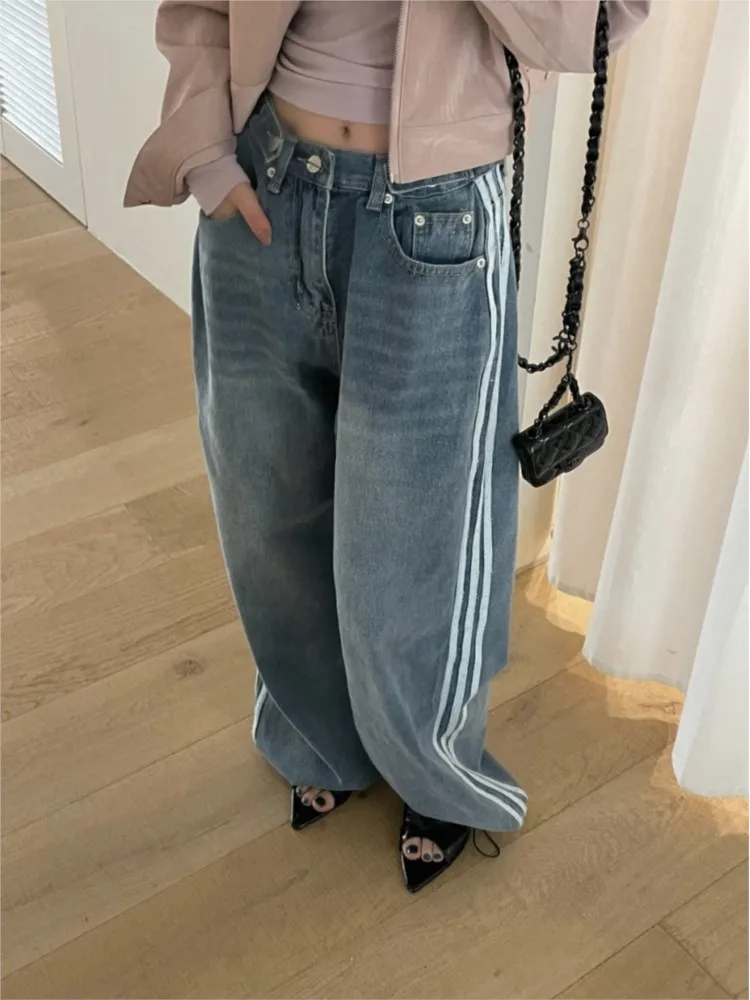 الجينز مخطط المرقعة طويلة الخريف واسعة الساق بانت المرأة فضفاضة مطوي الكورية نمط السيدات السراويل موضة السراويل امرأة غير رسمية
