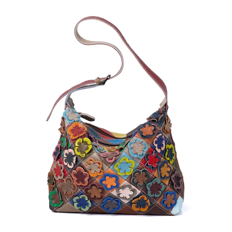 Vintage Shoulder Bag for Women Genuine Leather Everyday Casual Handmade Flower Colorblock Quilted New Luxury Handbag