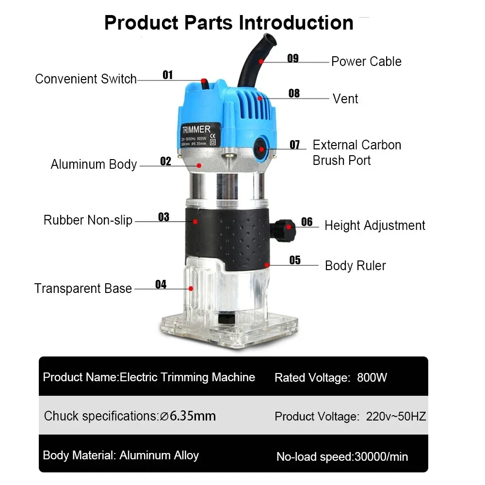 Electric Wood Router 800W Woodworking Electric Trimmer Wood Milling Machine Power Carpentry Tools With 6.35mm Milling Cutter New