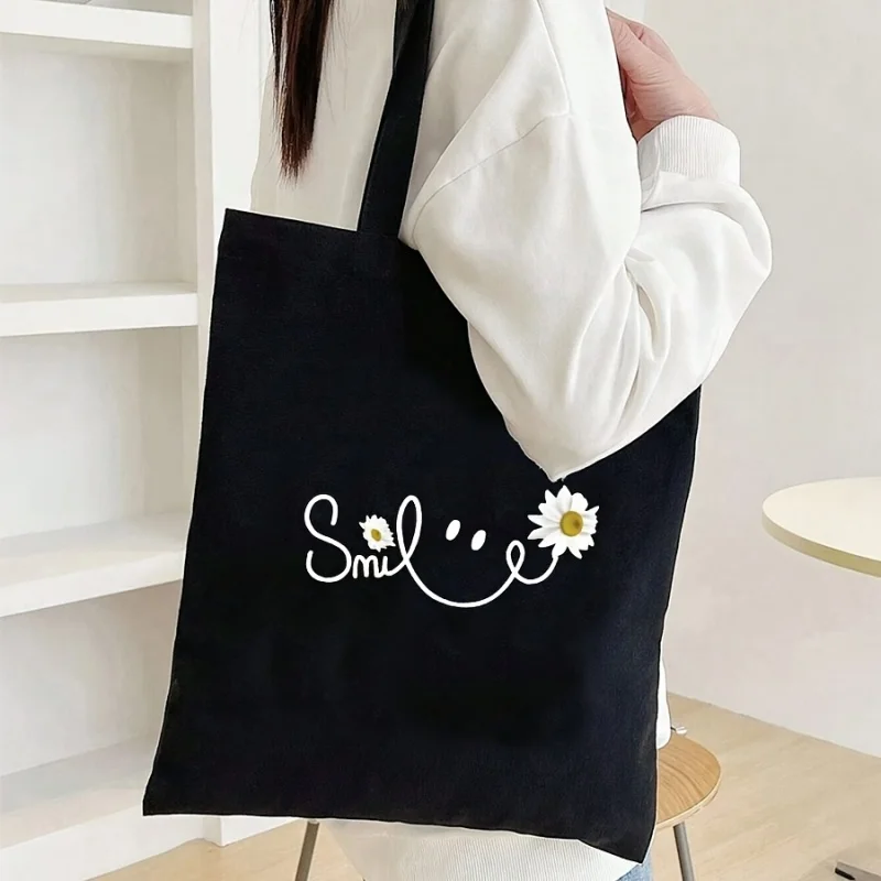Newest Shoulder Cute Minimal Line Cat Paw Print Black Canvas Tote Bag Casual Student Daily Shoulder Bag