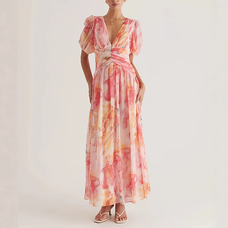 Vestido largo de gasa estilo vacaciones de cintura alta elegante vestido estampado de manga corta con cuello en V novedad de verano vestidos plisados con dobladillo grande para mujer