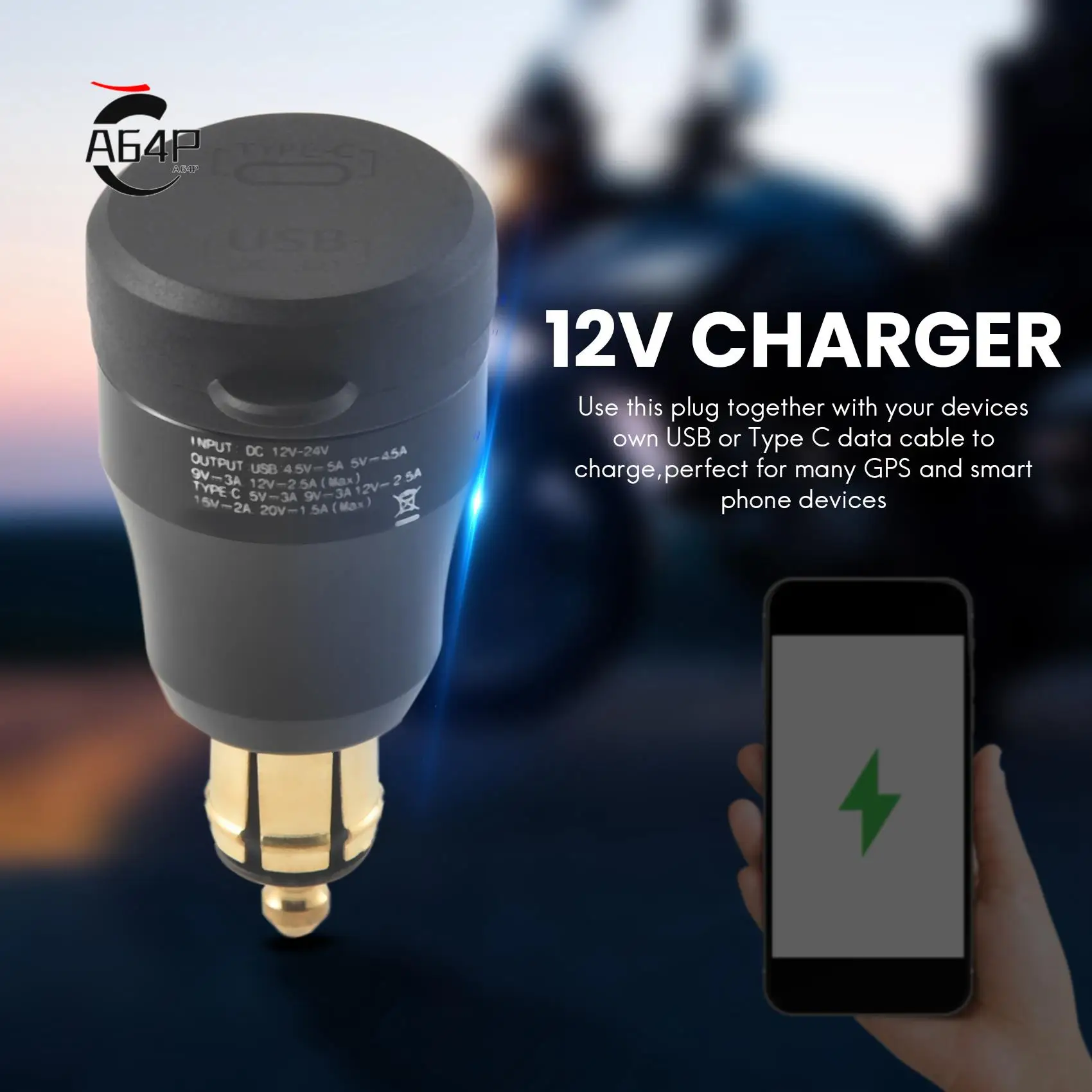 

A64P-Motorcycle Waterproof Fast Charger With Usb Type-C Port 12V/24V Qc3.0 Power Adapter Hella Din Plug Socket For Bmw Ducati Tr