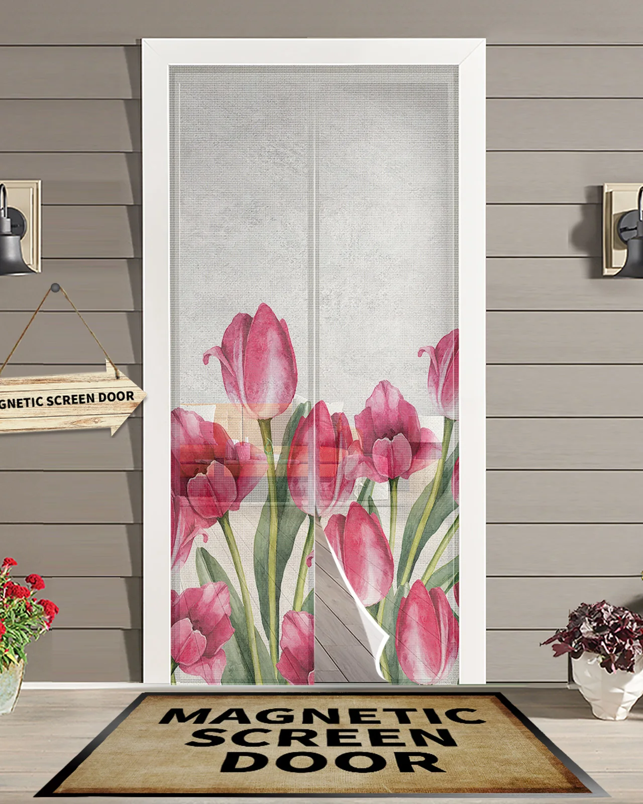 Spring Watercolor Flower Tulip Kitchen Curtain Magnetic Mosquito Net Curtains Summer Bedroom Anti Insect Door Curtain