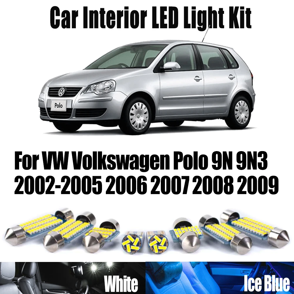 

10Pcs For VW Volkswagen Polo 9N 9N3 2002-2005 2006 2007 2008 2009 Car Accessories LED Interior Map Dome Ceiling Bulbs Light Kit