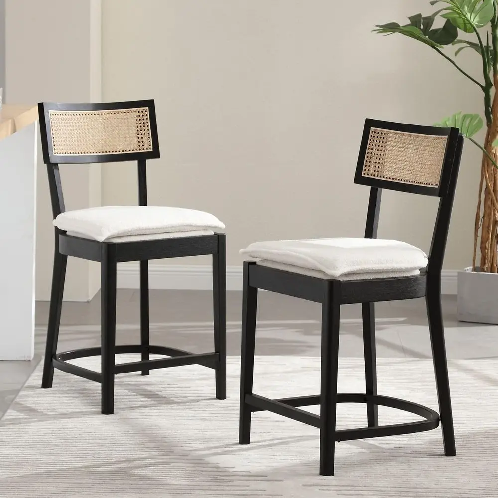 

Black Rattan Counter Stools Set of 2, Wood Counter Height Bar Stools with Sherpa Upholstered, Wicker Bar Stools with Cane Back