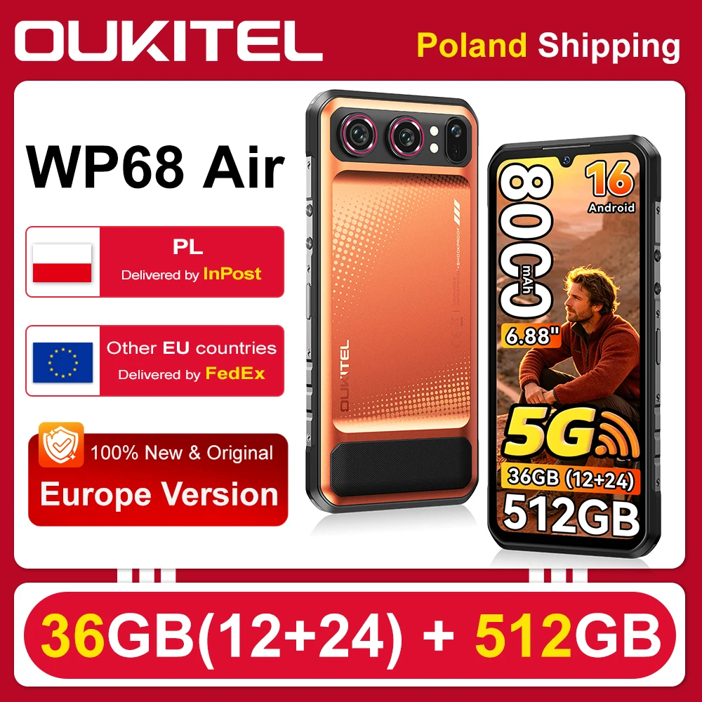 [Verzending vanuit Polen] Robuuste 5G-smartphone OUKITEL WP68 Air, 36GB (12+24) RAM + 512GB ROM, 8000mAh-batterij, 45W snel opladen, 6,88-inch 120Hz-scherm, Dimensity 7025-processor, Android 16.0,