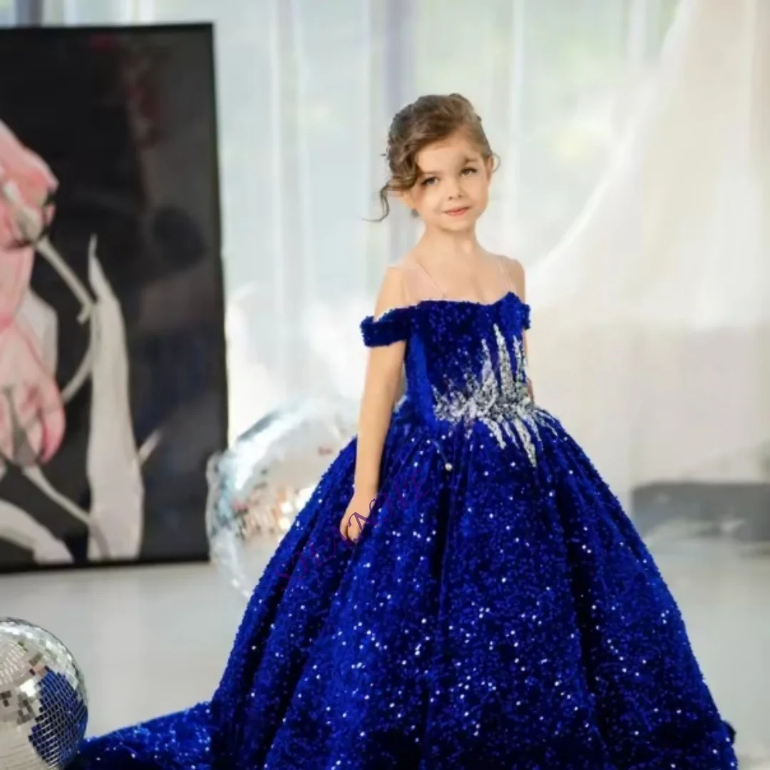 فستان بناتي على شكل زهرة زرقاء ملكية لحفلات الزفاف مع فيونكة ذهبية مزينة بفساتين حفلات أعياد ميلاد الأطفال فستان أنيق للأطفال مخصص #1