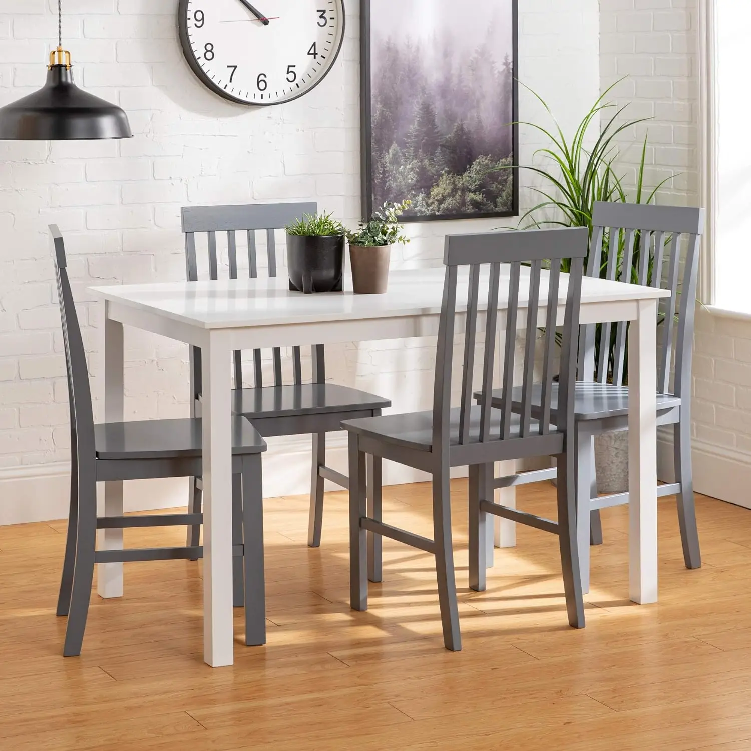 Walker Edison 4 Person Modern Farmhouse Wood Small Dining Table Dining Room Kitchen Table Set 4 Chairs Set, 48 Inch, White