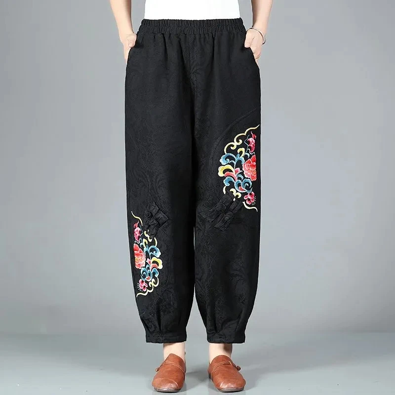 Lantern Pants For Women Autumn Winter 4XL Large Size Middle-aged Elderly Elastic Waist Casual Loose Embroidered Wide Leg Pants