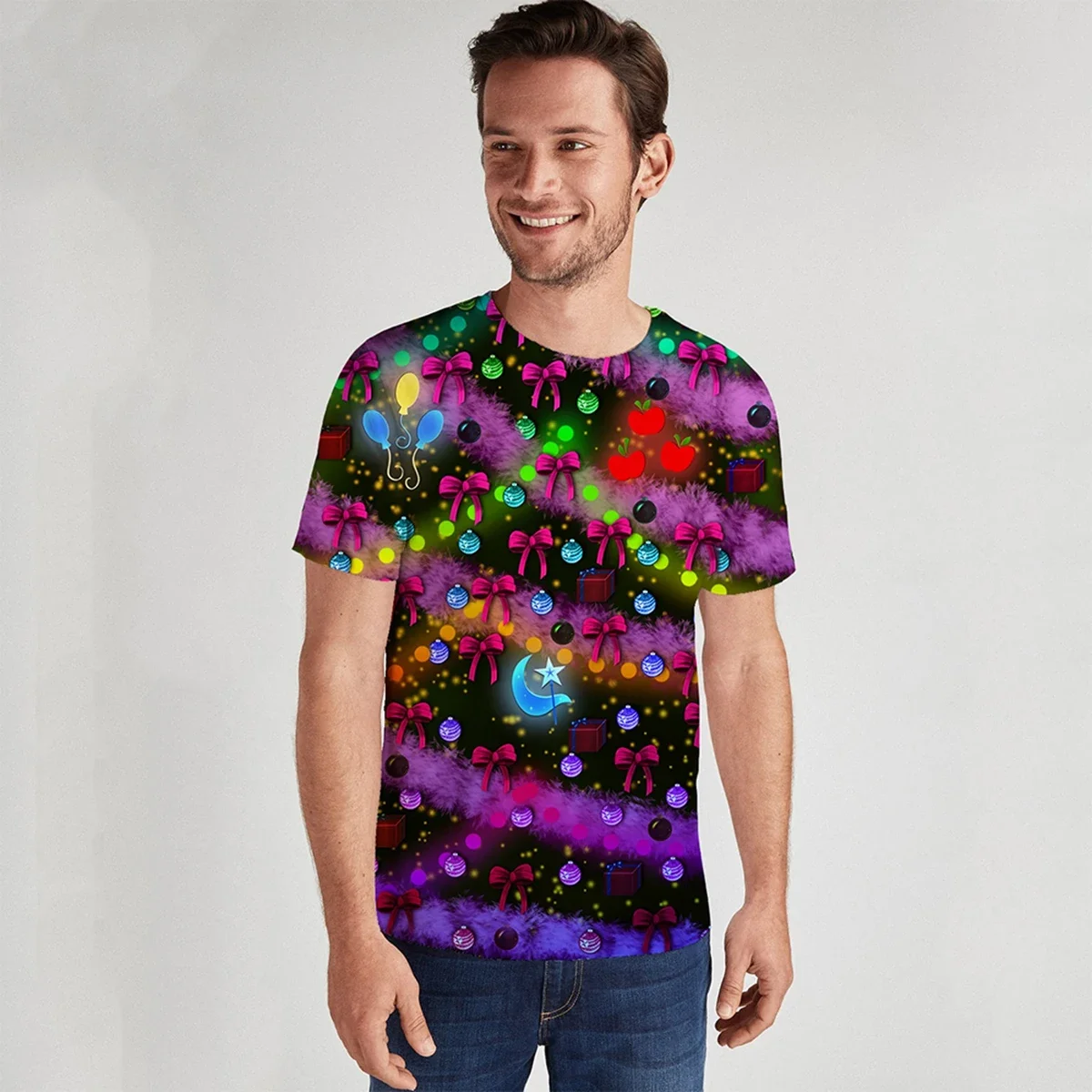 تي شيرت عيد الميلاد: طباعة شجرة متوهجة ثلاثية الأبعاد مع تأثيرات خاصة |   منتج الموضة الافتتاحية للاحتفالات الصيفية