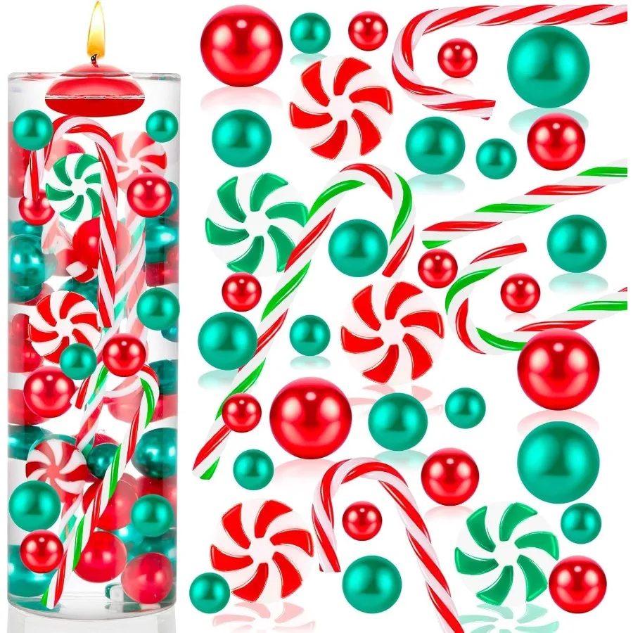 

120 Pcs Christmas Vase Filler Floating Green Red Fake Candy Cane Beads Pearls for Vases for Table Decorations Centerpieces