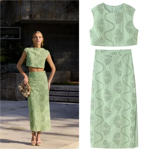 Imagen 1 del producto ETJ 2025 nueva chaqueta de cuello redondo con bordado hueco elegante y suave para mujer y falda con abertura de cintura alta traje informal de moda