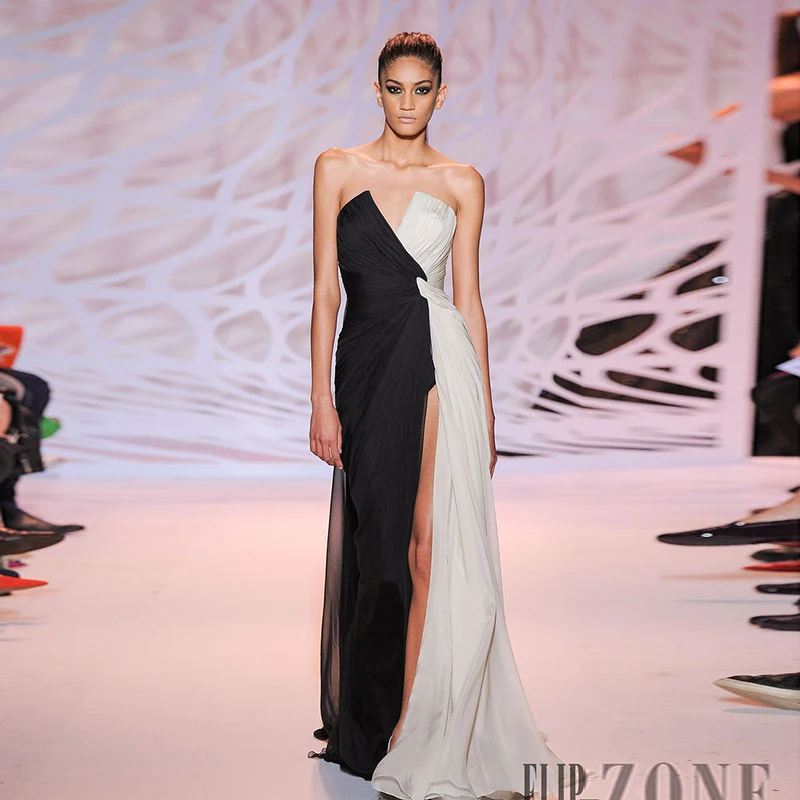 Hot Sale Zuhair Murad Sleevesless Black and wihte chiffon Sexy  فساتين السهرة vestidos de fiesta  فساتين سهره evening dresses